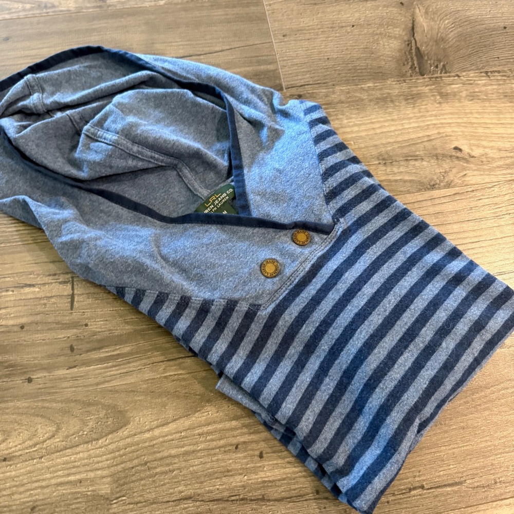Lauren Ralph Lauren LRL Blue Striped Button Hooded Pullover Top‎ Womens Medium
